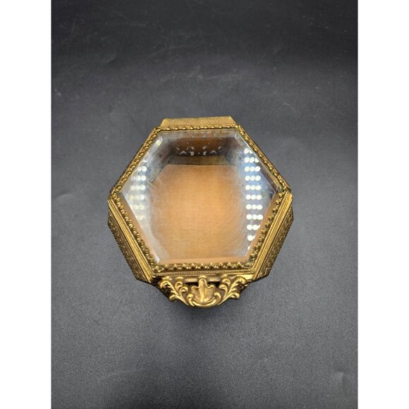Vintage Ornate Brass & Glass Hexagon Jewelry Box with Filigree Detailing - Picture 6 of 10